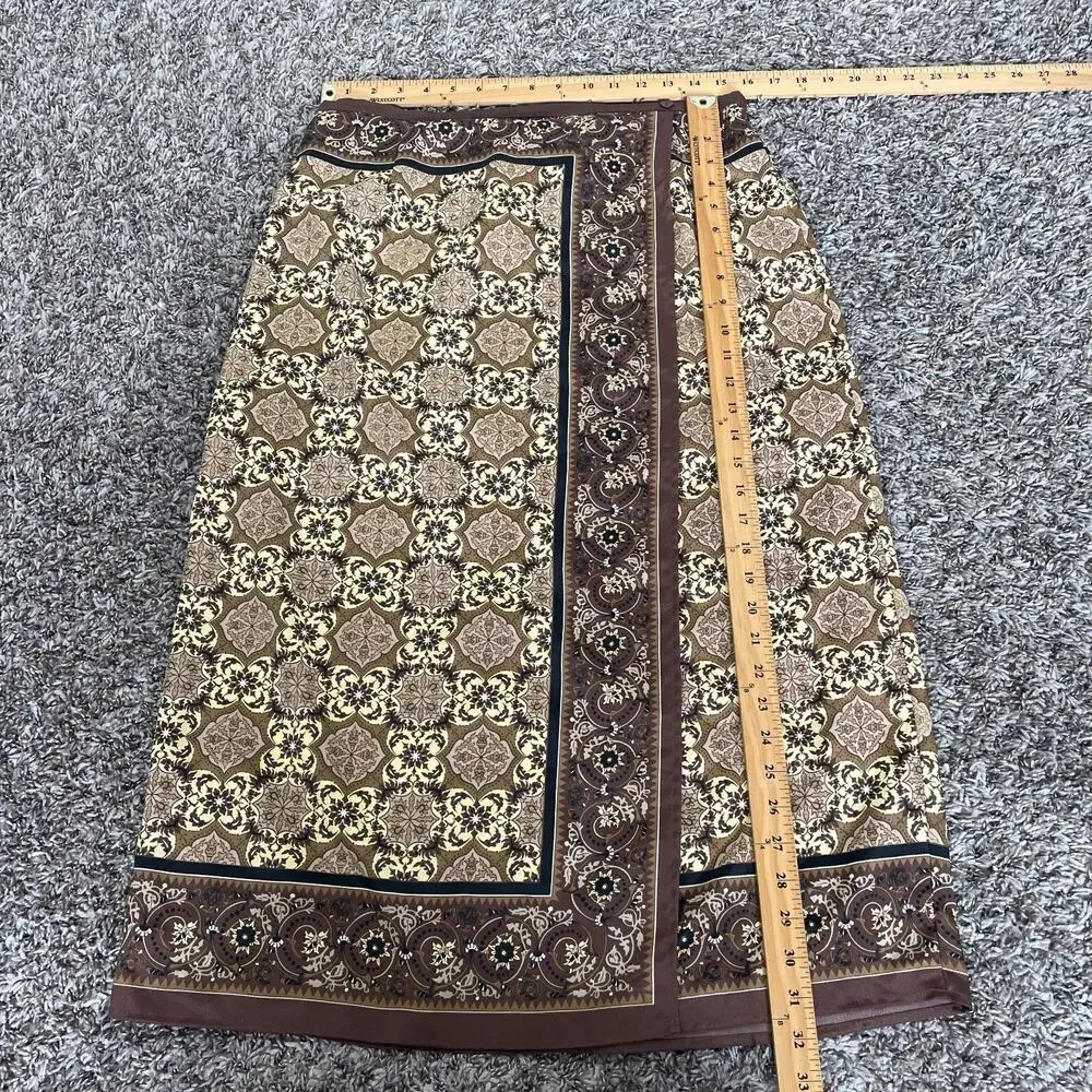 Y2K Midi Skirt Size 14 Brown Medallion Scarf Print Faux Wrap Column Boho Vtg 90s